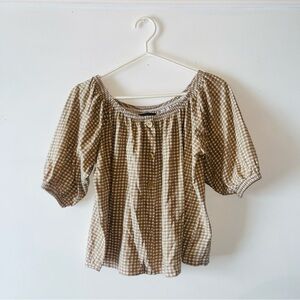 Suzy Shier Tan Gingham Blouse